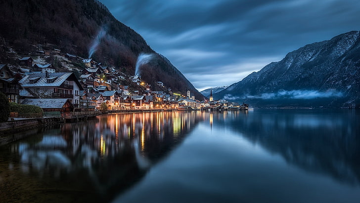mountain lake, austria, salzkammergut, cloudy, winter, dusk, HD wallpaper
