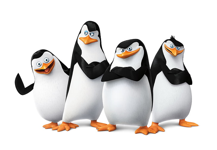 penguins of madagascar, studio shot, white background, representation