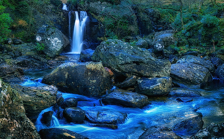HD wallpaper: Mountain Waterfall, Nature, Waterfalls, Blue, Landscape,  Green | Wallpaper Flare