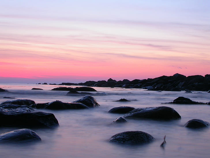 silhouette of stone in body of water, ocean beach, ocean beach, HD wallpaper