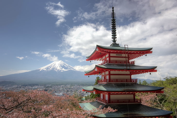 Mount Fuji, Japan, mountain, the volcano, Sakura, panorama, pagoda, HD wallpaper