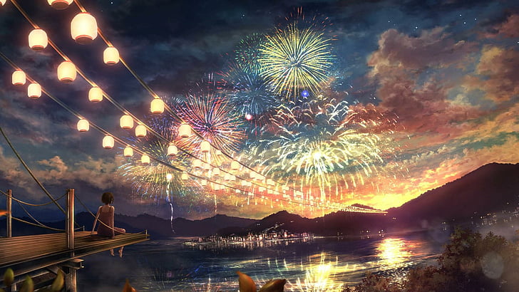 fireworks, anime art, night sky, lights, HD wallpaper