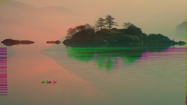 green leafed trees, glitch art, Satan, water, plant, reflection