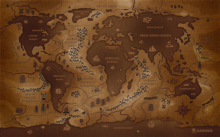 brown world map illustration, reverse, inverted, Vladstudio, sepia