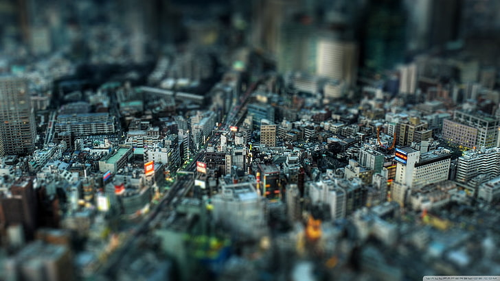 city buildings, aerial photography of buildings, tilt shift, cityscape