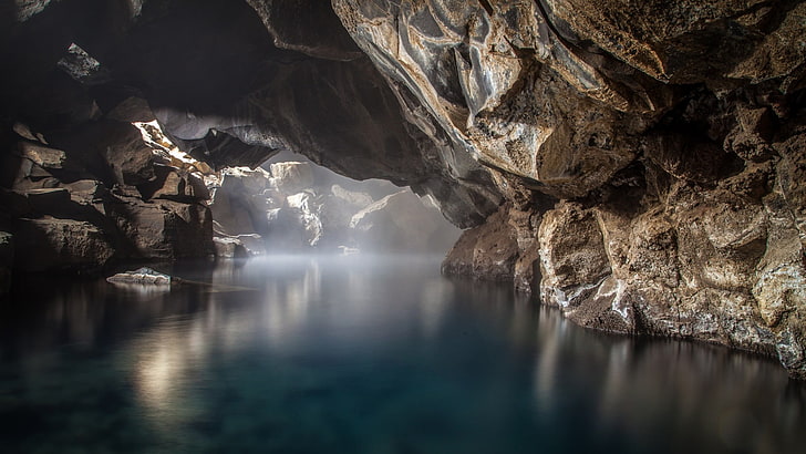 cave with body of water, nature, landscape, rock, lake, mist