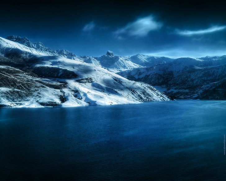 winter, landscape, nature, lake, snow, mountains, HD wallpaper