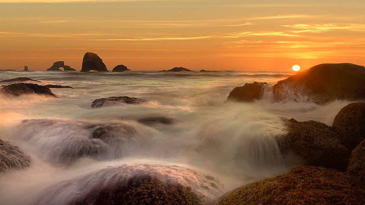 Sunset On Indian Beach Oregon Coast, rocks, waves, nature and landscapes