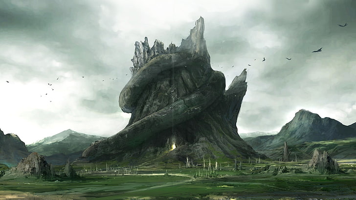 gray mountain illustration, fantasy art, digital art, render