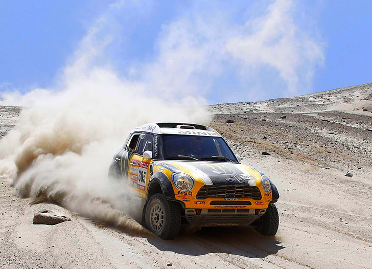 Sand, Yellow, Dust, Day, Mini Cooper, Heat, Rally, Dakar, The front, HD wallpaper