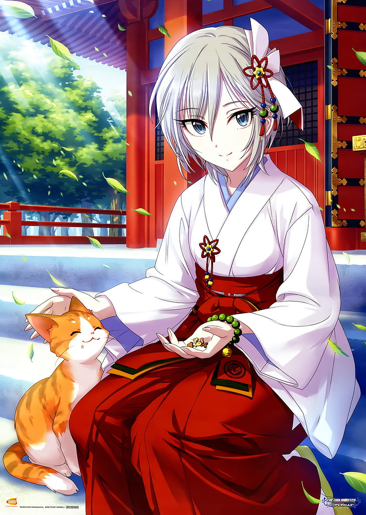 miko, cat, white hair, kittens, Japanese clothes, one person, HD wallpaper