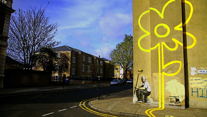 yellow flower graffiti, street, Banksy, flowers, urban, wall