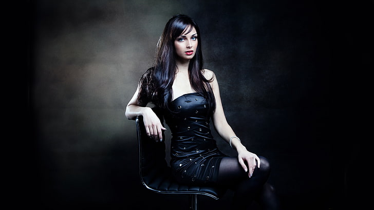 black dress, brunette, sitting, chair, women, long hair, model