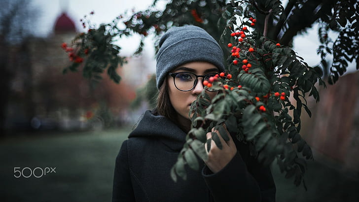 black coat, Elena Borisova, trees, women, depth of field, sweater, HD wallpaper