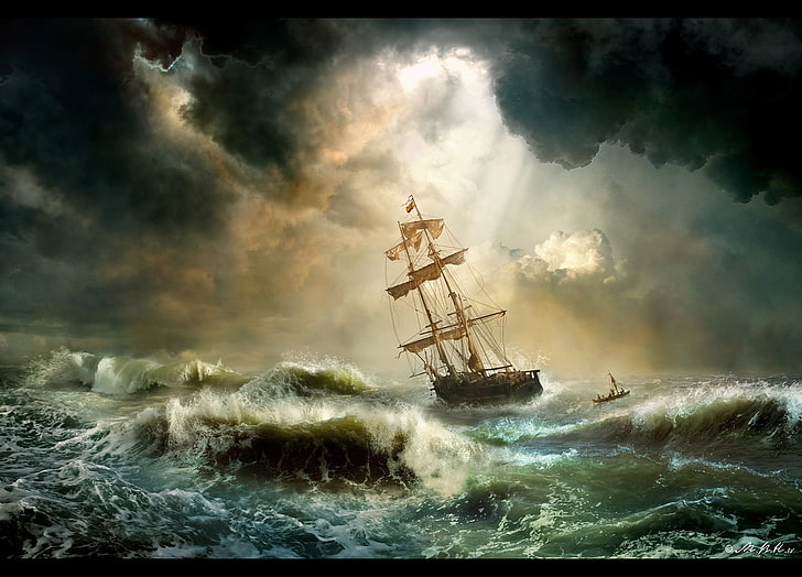 Storm, art, cloud, ship, painting, sea, HD wallpaper