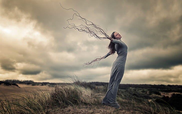 Creative pictures, girl, wind, hands, roots