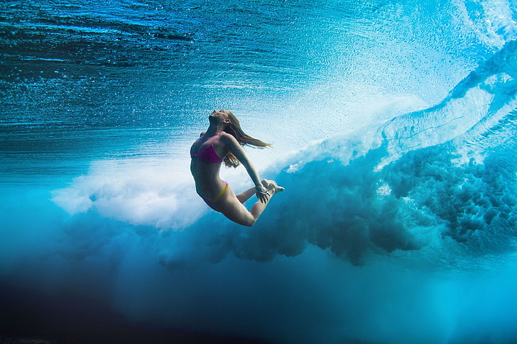 girl, underwater, sea, Surfing