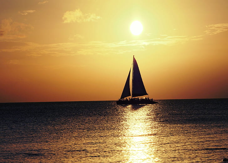 Sail Boat on sea during sunset, cayman islands, cayman islands, HD wallpaper