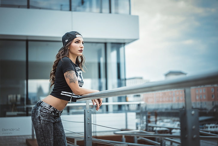 women, model, jeans, tattoo, baseball caps, one person, railing, HD wallpaper