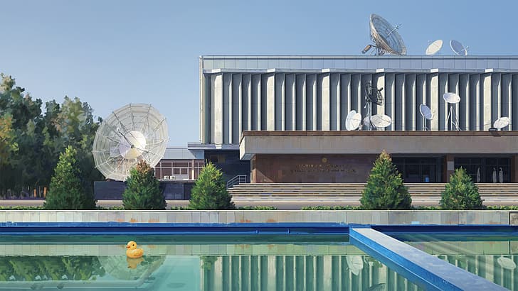 architecture, rubber ducks, swimming pool, satellite, painting
