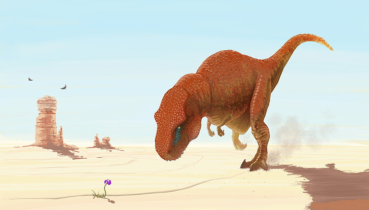 brown dinosaur painting, dinosaurs, creativity, desert, digital art, HD wallpaper