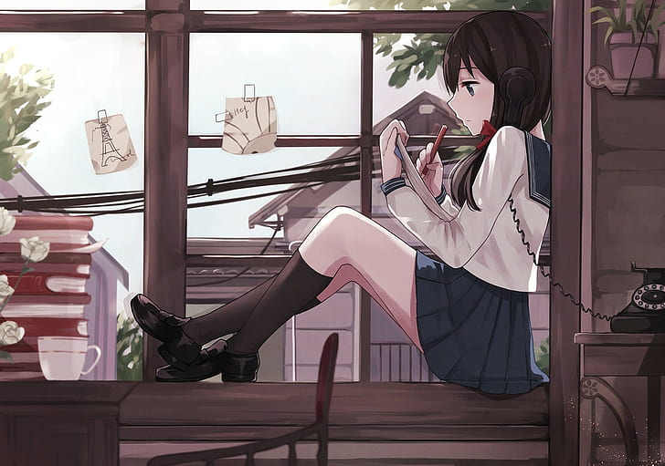 HD wallpaper: Anime Girls, School Uniform, Phone, Window, 1713x1203 |  Wallpaper Flare