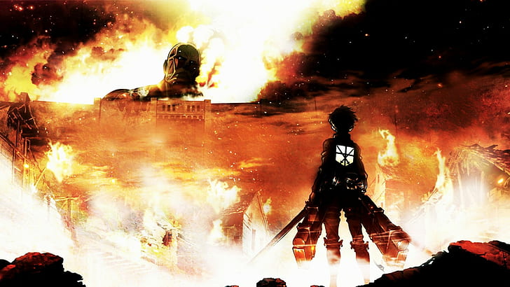 Shingeki no Kyojin, Fire, Anime, Colossal Titan, Eren Jeager, attack on titan anime, HD wallpaper