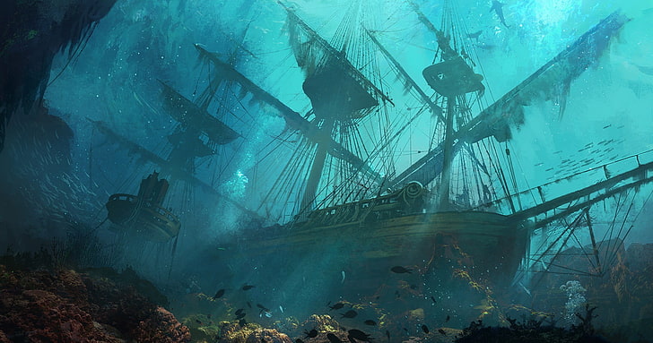 brown pirate ship, artwork, sinking ships, drawing, sea, fantasy art