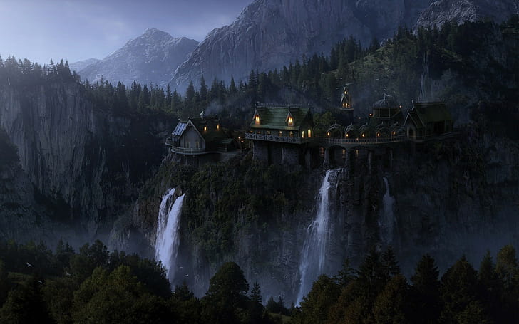 brown concrete house on mountain beside water falls, The Lord of the Rings