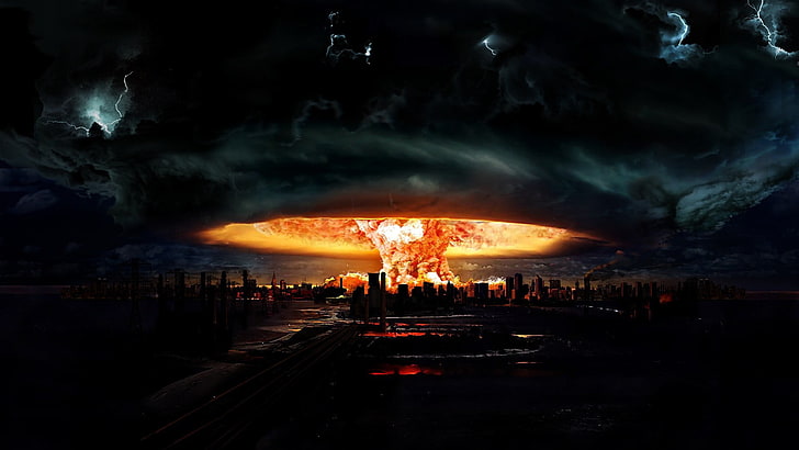 eruption wallpaper, movie scene, nuclear, explosion, cityscape