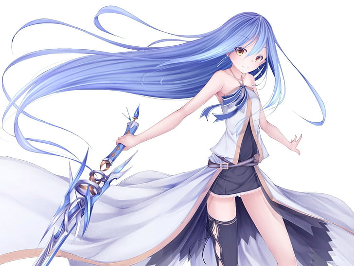 Cartoon character holding a sword with blue hair