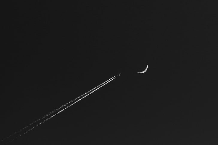 crescent moon, airplane, minimalism, monochrome, contrails, copy space, HD wallpaper