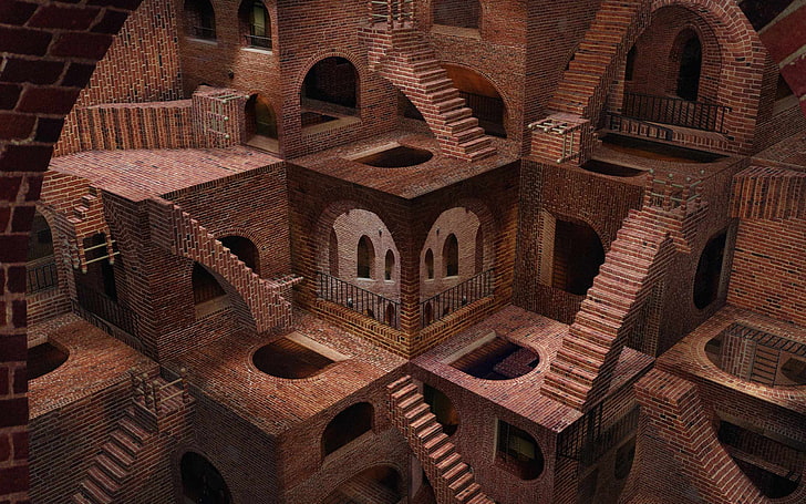 red bricked stairs, digital art, optical illusion, brown, M. C. Escher