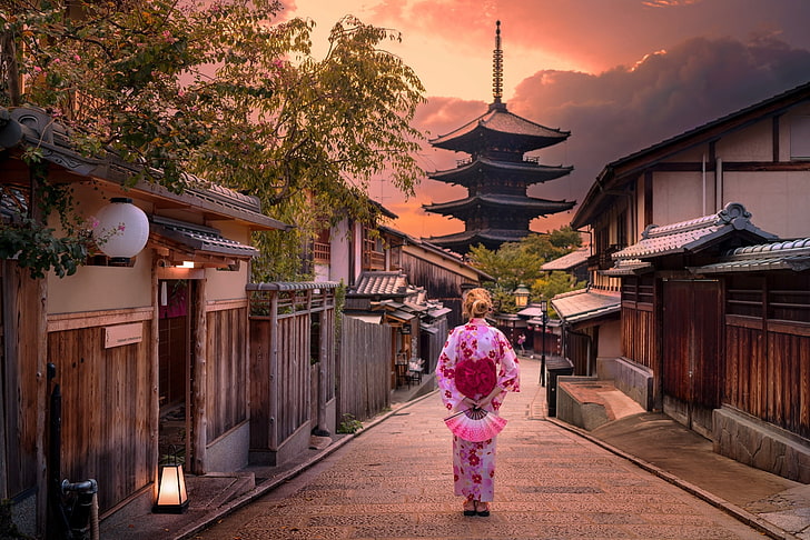 girl, sunset, the city, street, Japanese, houses, pagoda, Kyoto