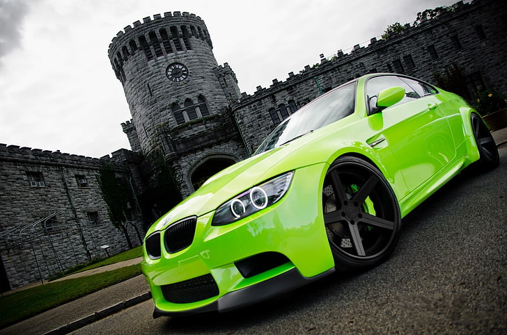 green BMW coupe, BMW M3, green cars, built structure, architecture