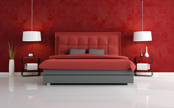 red, bed, room, interior, domestic room, indoors, furniture, HD wallpaper