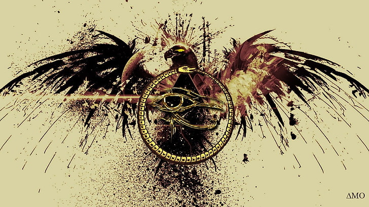 black and brown bird illustration, Eye of Horus, birds, paint splatter