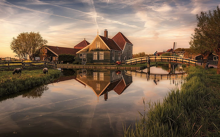 Netherlands, river, bridge, dusk, HDR, landscape, HD wallpaper