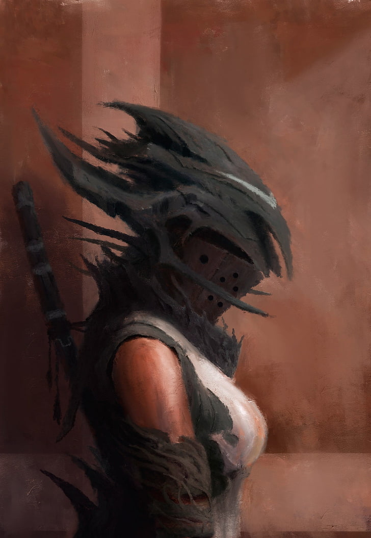 helmet, armor, women, dark fantasy, art and craft, representation, HD wallpaper