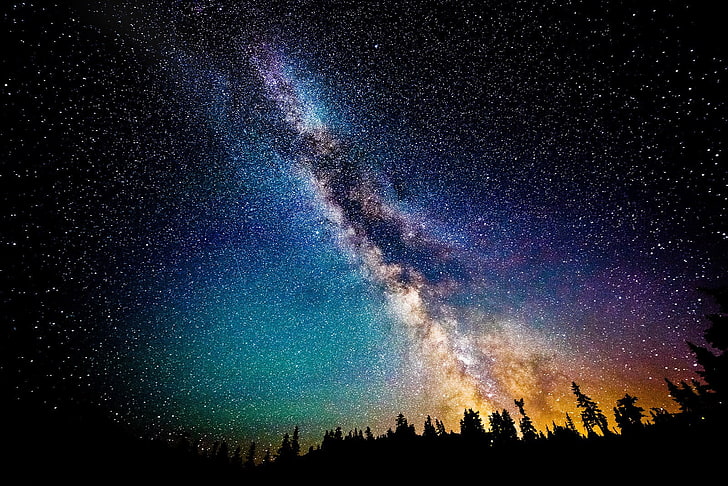 starry night, sky, blue, purple, yellow, space, astronaut, stars, HD wallpaper