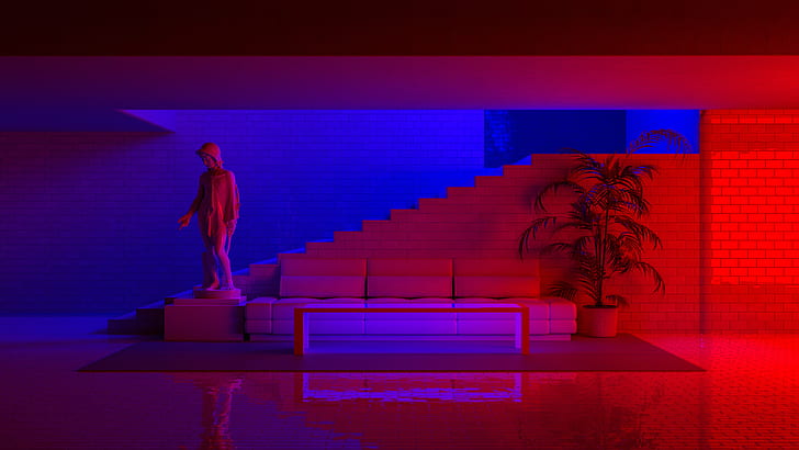 red, blue, statue, Eros, plants, bricks, couch, neon, neon lights