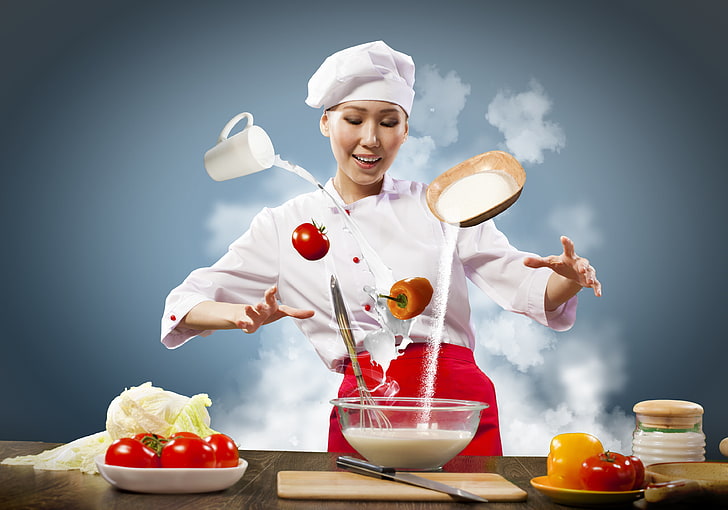 woman chef, girl, smile, eggs, milk, cook, tomatoes, peppers, HD wallpaper
