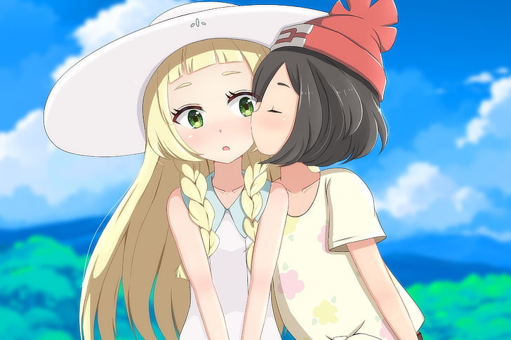 Pokémon, Moon(Pokémon Sun&Moon), kissing, anime girls, HD wallpaper