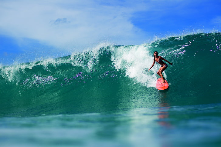 red surfboard, girl, the ocean, sport, wave, surfing, sea, water