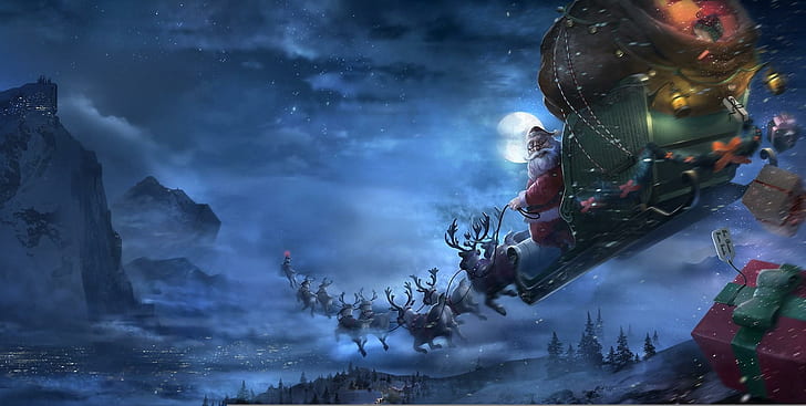 santa claus, reindeer, sleigh, flying, gifts, christmas