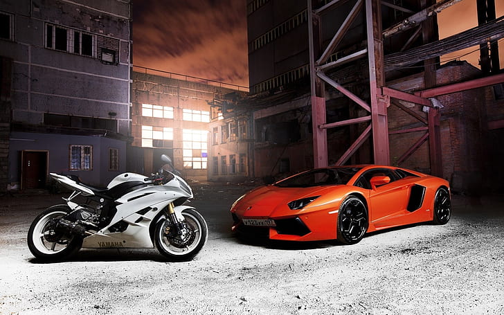 Lamborghini Aventador orange supercar, Yamaha white motorcycle