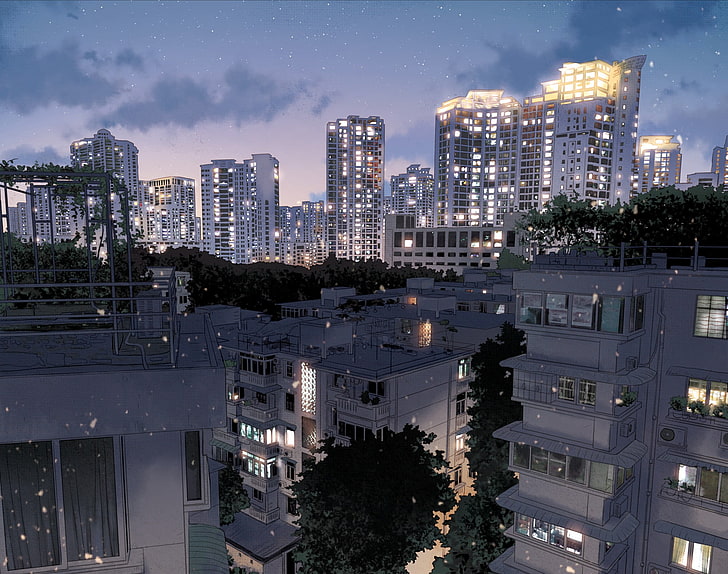 high-rise building lot, anime, city, Japan, dark, night, building exterior