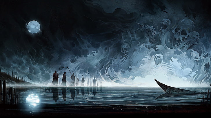 The River Styx wallpaper, abstract, death, boat, skull, Moon, HD wallpaper