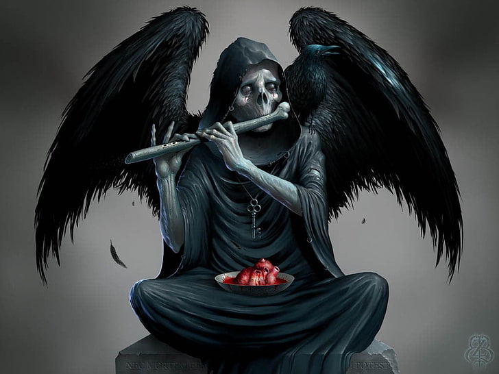 reaper holding flute illustration, Grim Reaper, raven, heart