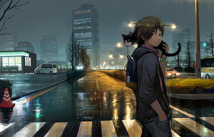 anime boy, cat, street, buildings, night, slice of life, city, HD wallpaper
